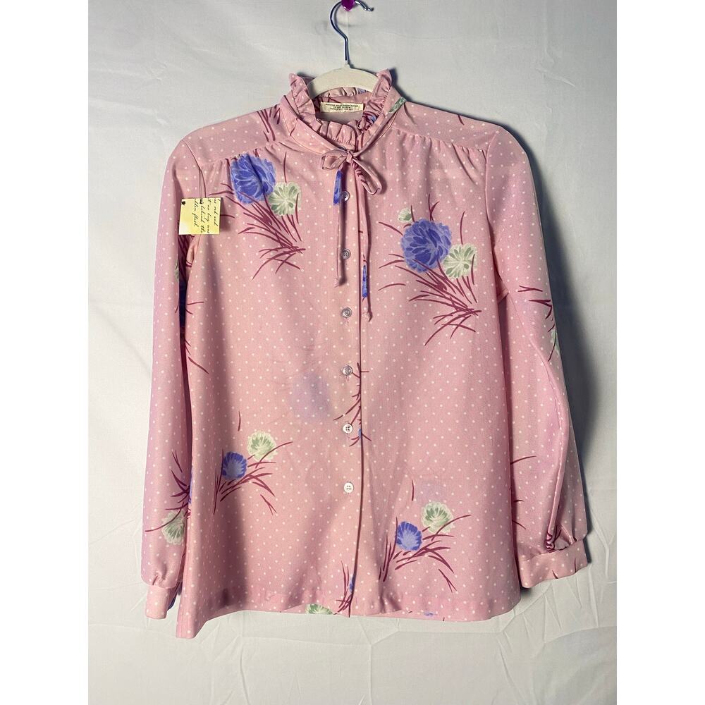 Vintage 70s Alfred Dunner Purple Blue Floral Polka Dot Poly Knit Blouse Medium